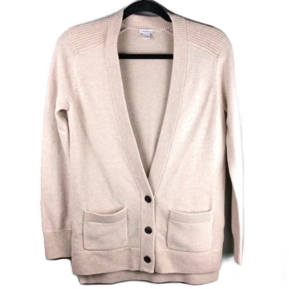 Fossil Merino Wool & Silk Ribbed 3 Button Pocket Cream Cardigan Size Small